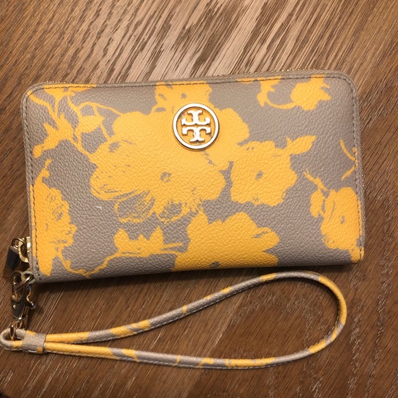 Tory Burch Handbags - Tory Burch Gray Yellow Floral Wallet Wristlet